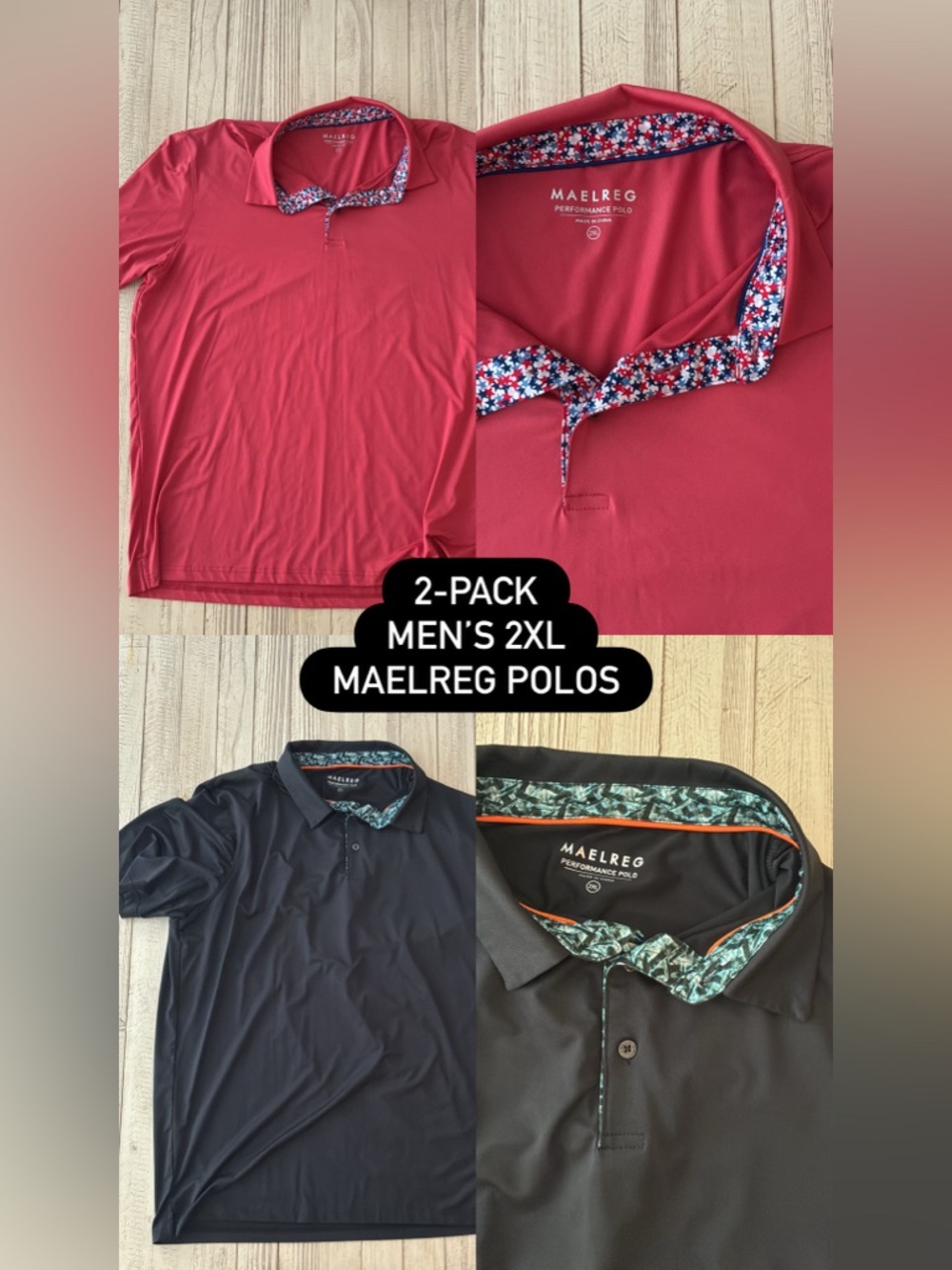 Maelreg Men’s Polo 2XL–Red/Salmon & Black with interior collars pattern (2-Pack)